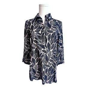 Anne Klein Natural Linen Blend Woven Tunic Top Navy Multi‎ Print Women’s XS, NWT
